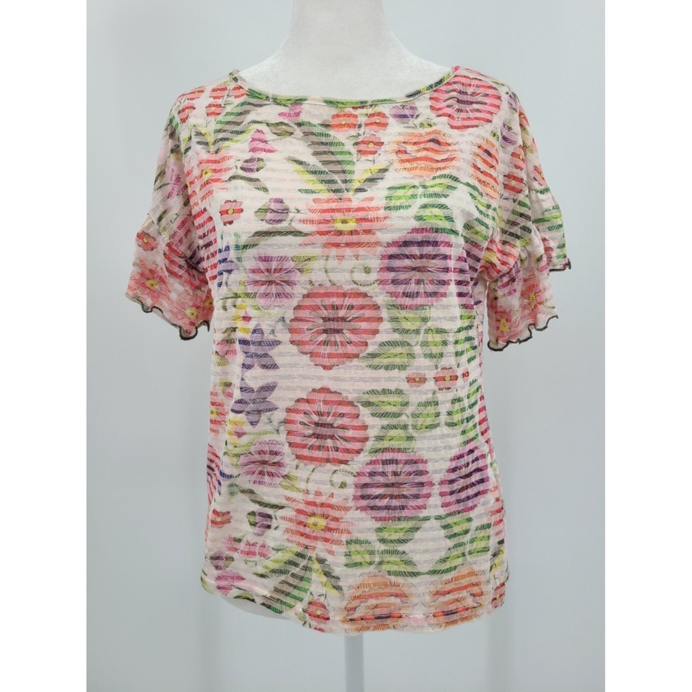 Desigual Sheer Y2K Fairy Shirt Small Tall Floral Print Top Flutter Cotton Blend